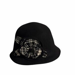 Charter Club Black Hat w Plaid Floral Accent Woman's Felt Bucket Hat 100% wool